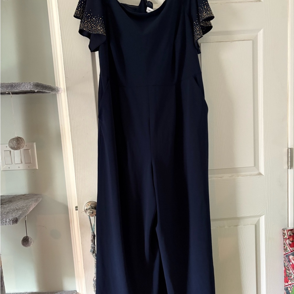 Calvin Klein Navy Jumpsuit with Embellished Sleeves
